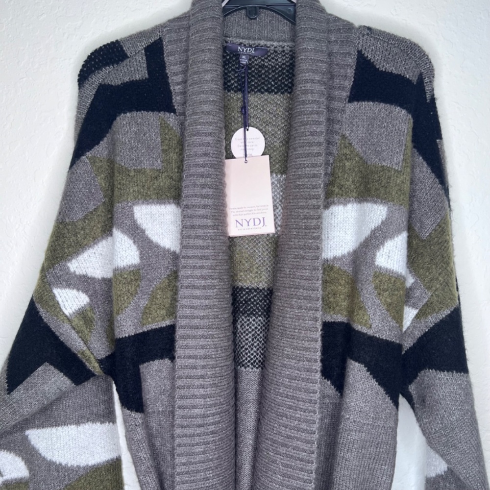 NWT NYDJ Fair Isle Cardigan Sweater XL Grey Coatigan Long Open Belted Camo Coat